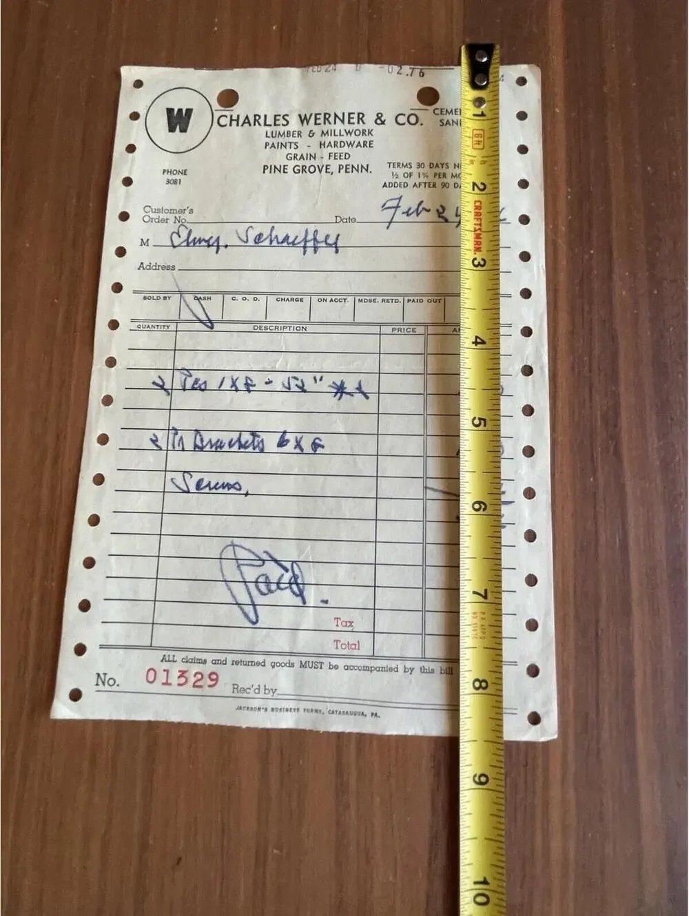 Charles Werner & Co Receipt Invoice Pine Grove Pennsylvania 1956